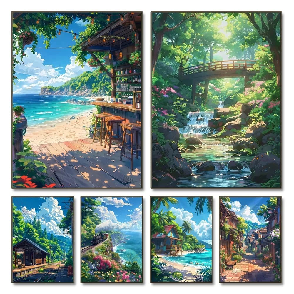 Affiche murale d'art marin et estival, Paysage de bar, Anime, Cabane bleue, Plage, Forêt, Impression sur toile, Décoration moderne pour salon