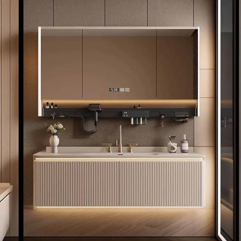 Meuble salle de bain Meuble de salle de bain en chêne avec lavabo, style crémeux, luxe léger, combinaison de pierre, miroir inclus, bois massif