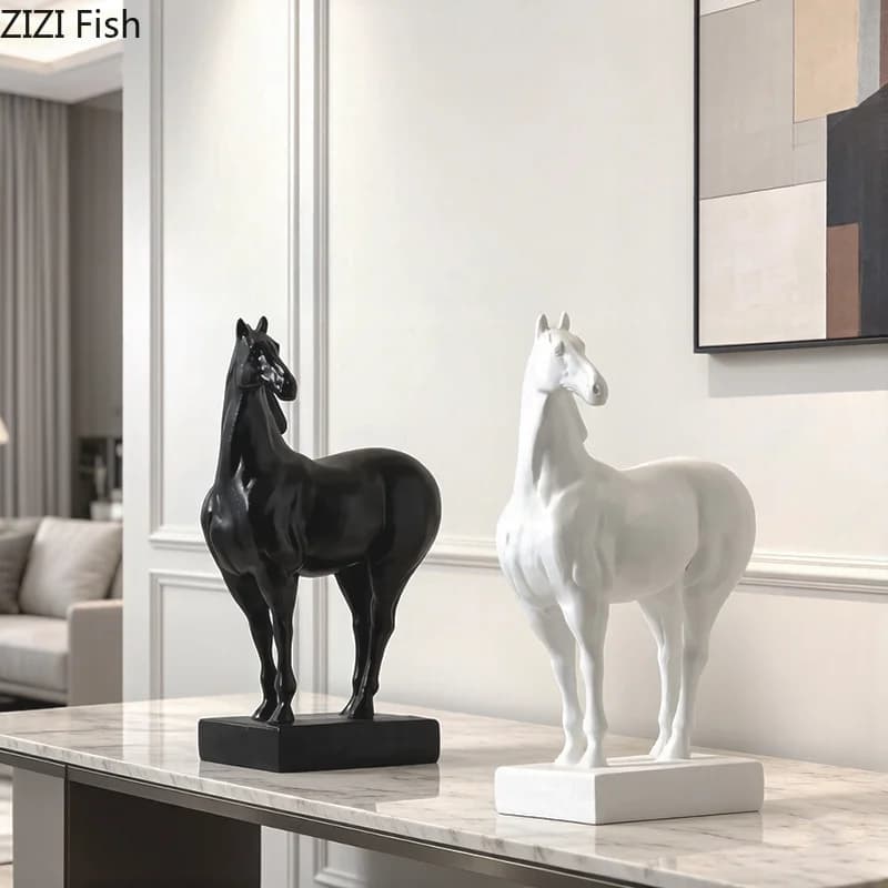 Ornements de cheval minimalistes noir/blanc, décoration de table, sculpture de cheval d'art moderne, artisanat en résine, décoration esthétique de la pièce