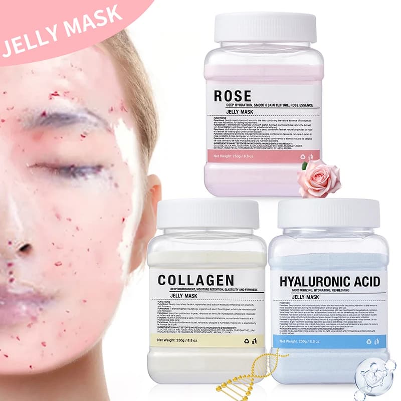 Masque facial en poudre de gelée à l'acide hyaluronique/à la rose/au collagène - Hydratant, améliorant et hydratant pour le soin de la peau du visage - Gel naturel à décoller