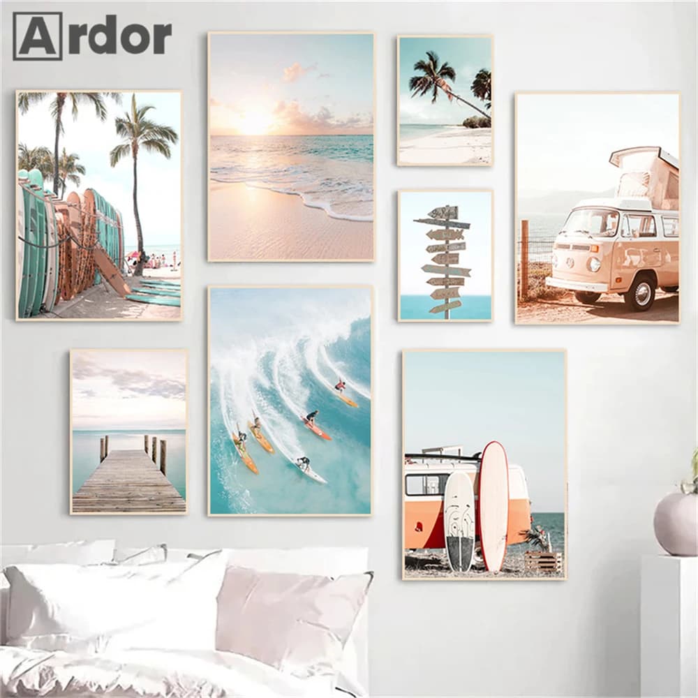 Affiche de plage de vague de mer, lever du soleil, Bus, planche de surf, imprimés d'art muraux, peinture sur toile de pont, images murales nordiques modernes, décor de salon