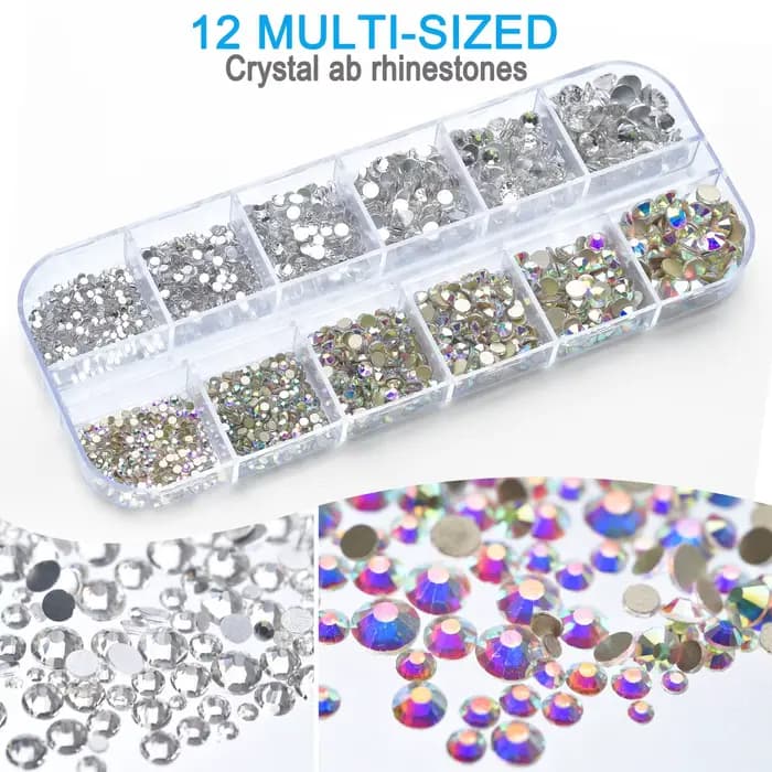 Kit de strass pour Nail Art, pierres précieuses en verre AB à dos plat, avec 1 boîte d'organisation