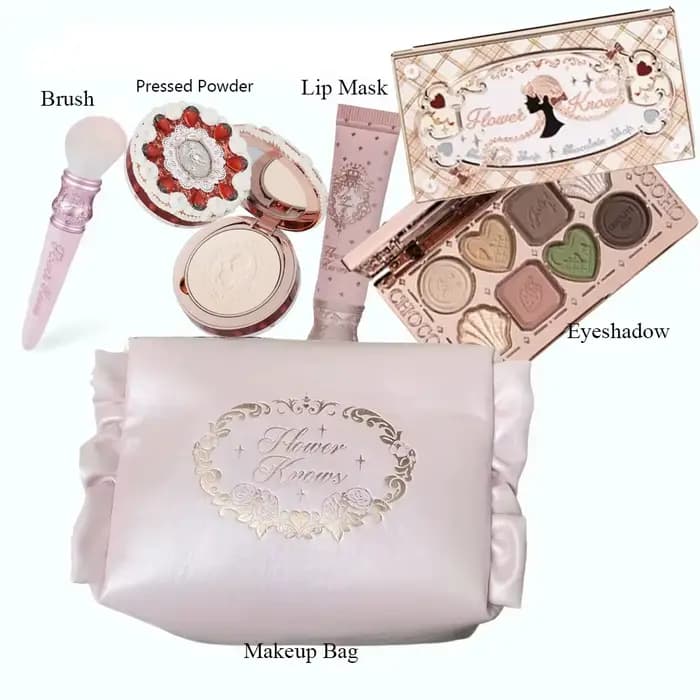 Coffret Cadeau Maquillage Tout-en-un Flower Knows : Fond de Teint Crème Coussin Jardin, Blush Mat, R