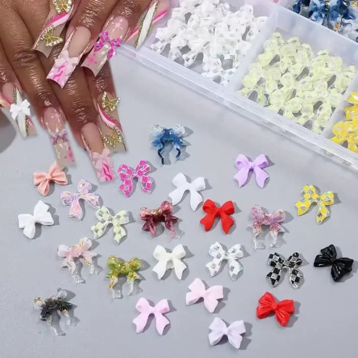 Breloques pour ongles avec nœud papillon/ruban 3D, 12/24 grilles, nœuds en résine Kawaii Y2K, strass