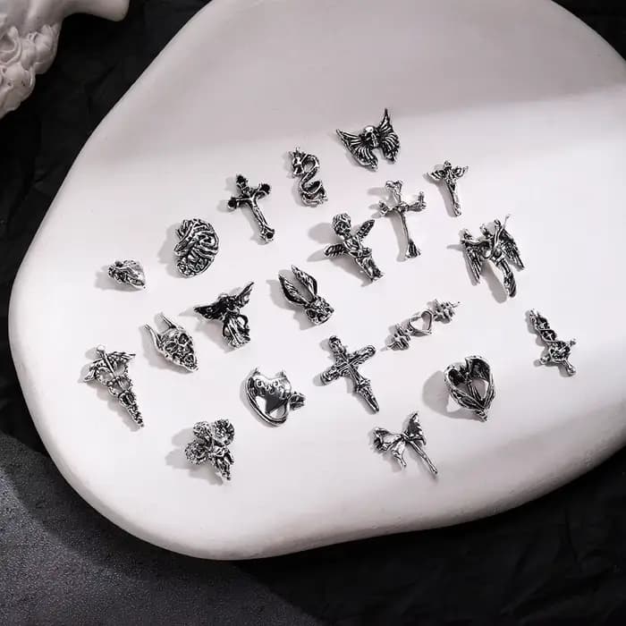 Mélange de styles pour Nail Art d'halloween, breloque croix argentée rétro 3D, décoration d'ongles p