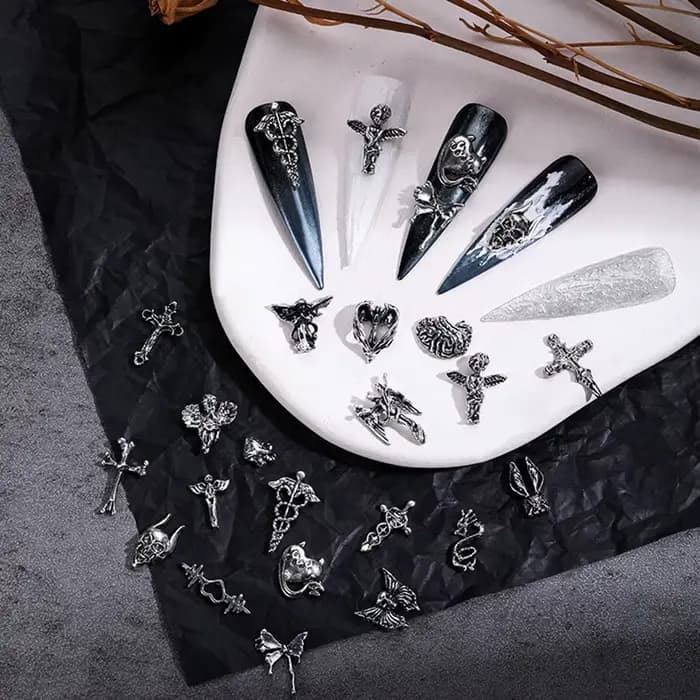 Mélange de styles pour Nail Art d'halloween, breloque croix argentée rétro 3D, décoration d'ongles p
