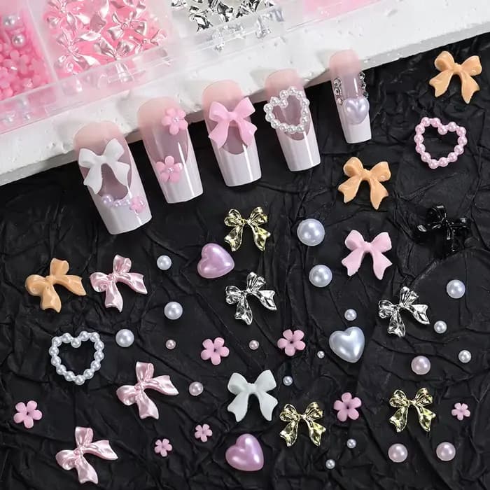 12 grilles 3D ruban multicolore fleur Nail Art breloques simulés pétales amour, nœud papillon en mét