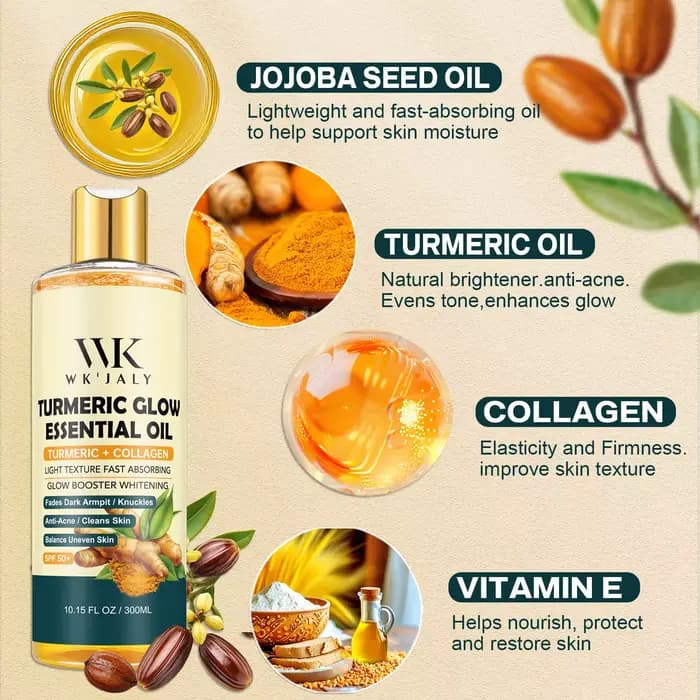 WK JALY Huile essentielle pour le corps au lueur de curcuma, hydratante, blanchissante, estompe les