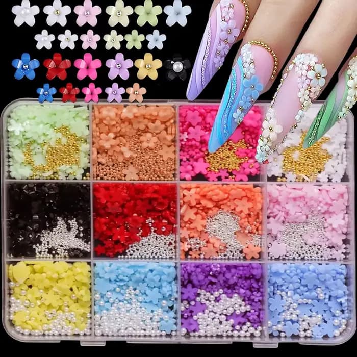 12 grilles de fleurs 3D colorées en acrylique pour nail art, mini fleurs à cinq pétales de 3/6/9 mm,