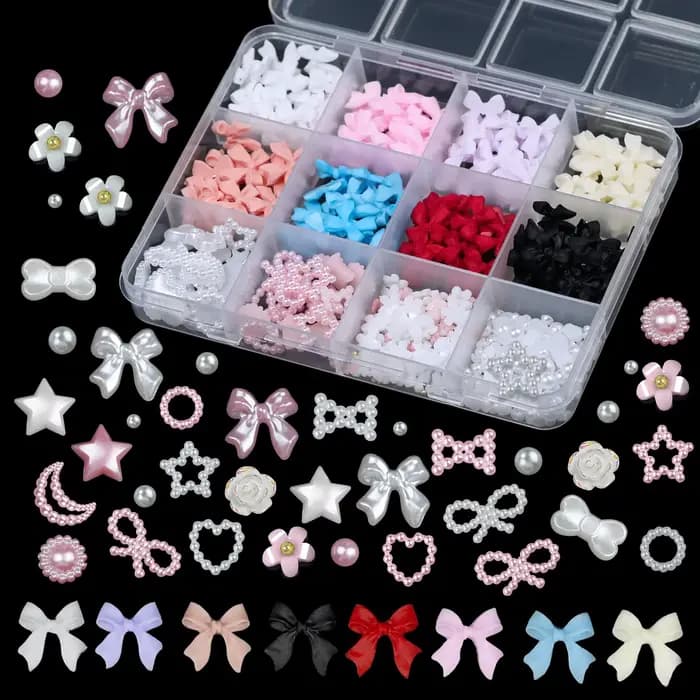 12 grilles/boîte 3D mixte nœud papillon perle coeur ongles breloques Flatback résine fleur, étoile,