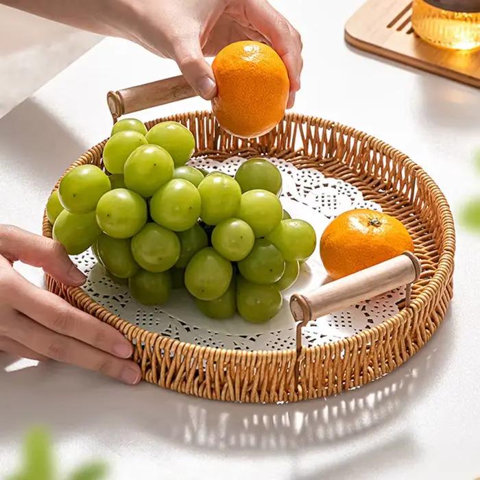 Panier à fruits en rotin tressé à la main, bac de rangement pour pain à double poignée, paniers tissés compacts, plateau d'organisation pour la maison (pain et fruits)