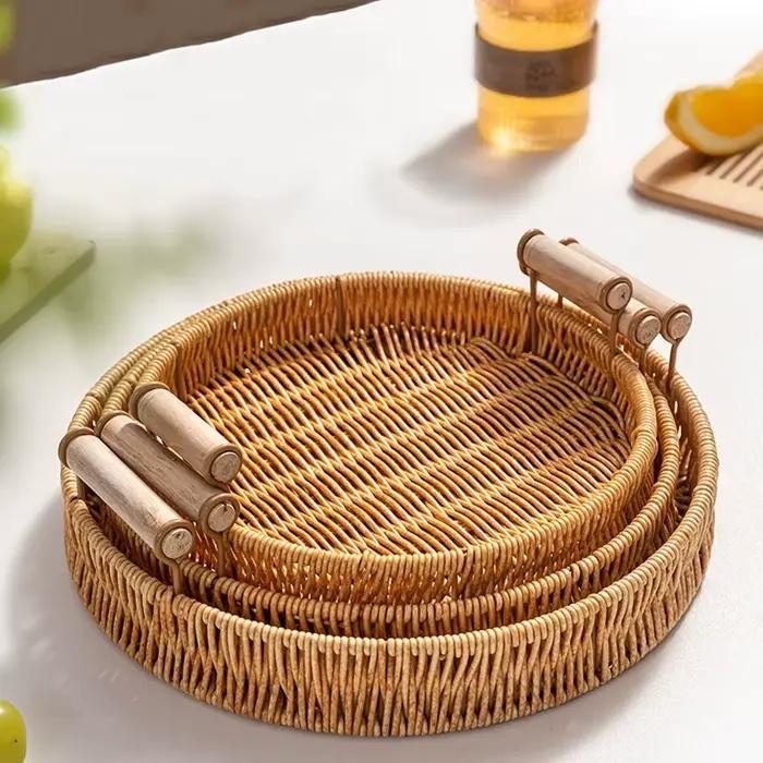Panier à fruits en rotin tressé à la main, bac de rangement pour pain à double poignée, paniers tissés compacts, plateau d'organisation pour la maison (pain et fruits)