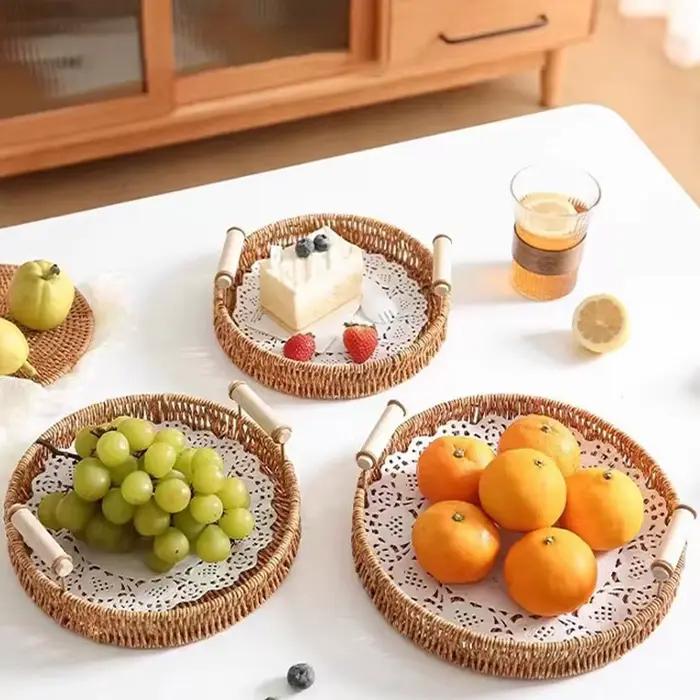 Panier à fruits en rotin tressé à la main, bac de rangement pour pain à double poignée, paniers tissés compacts, plateau d'organisation pour la maison (pain et fruits)