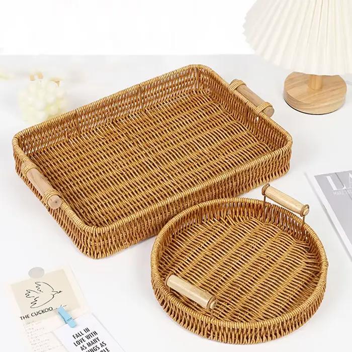Panier à fruits en rotin tressé à la main, bac de rangement pour pain à double poignée, paniers tissés compacts, plateau d'organisation pour la maison (pain et fruits)