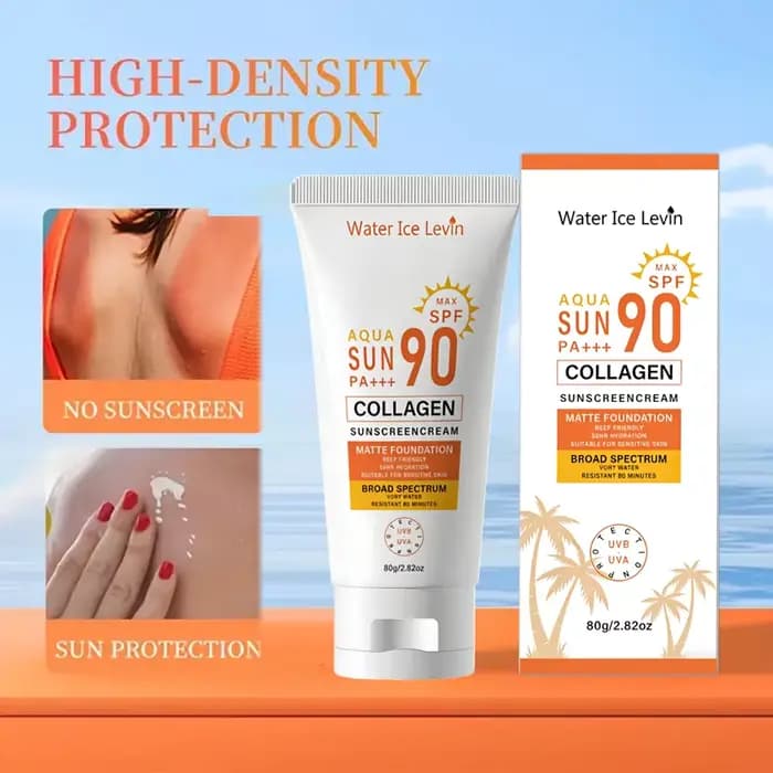 Crème solaire SPF 90+ PA+++ Large spectre. Résistant à l'eau 80 minutes. Protège contre les UVB et les UVA. Amical pour les récifs. Collagène. 80g.