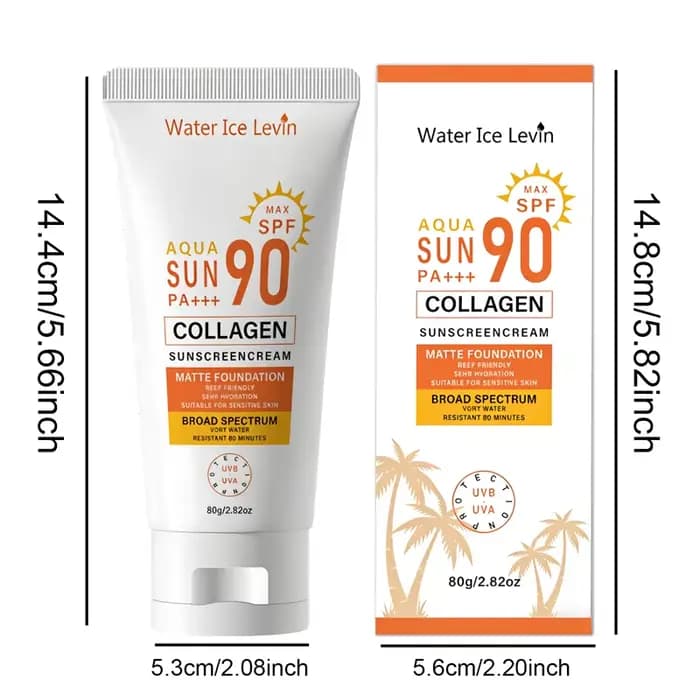 Crème solaire SPF 90+ PA+++ Large spectre. Résistant à l'eau 80 minutes. Protège contre les UVB et les UVA. Amical pour les récifs. Collagène. 80g.