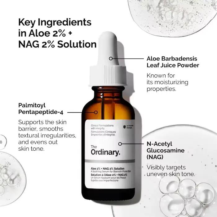 Sérum Solution Aloe 2% + NAG 2% 30 ml pour les marques post-acné améliore la texture de la peau