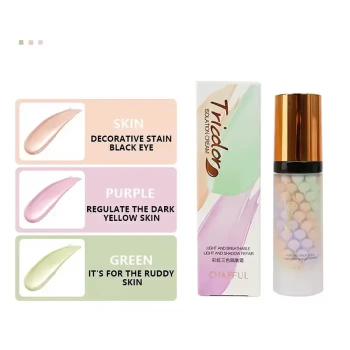 Base de Maquillage Visage Crème Tricolore Contouring Isolation Couleur Imperméable Fond de Teint Naturel 40g