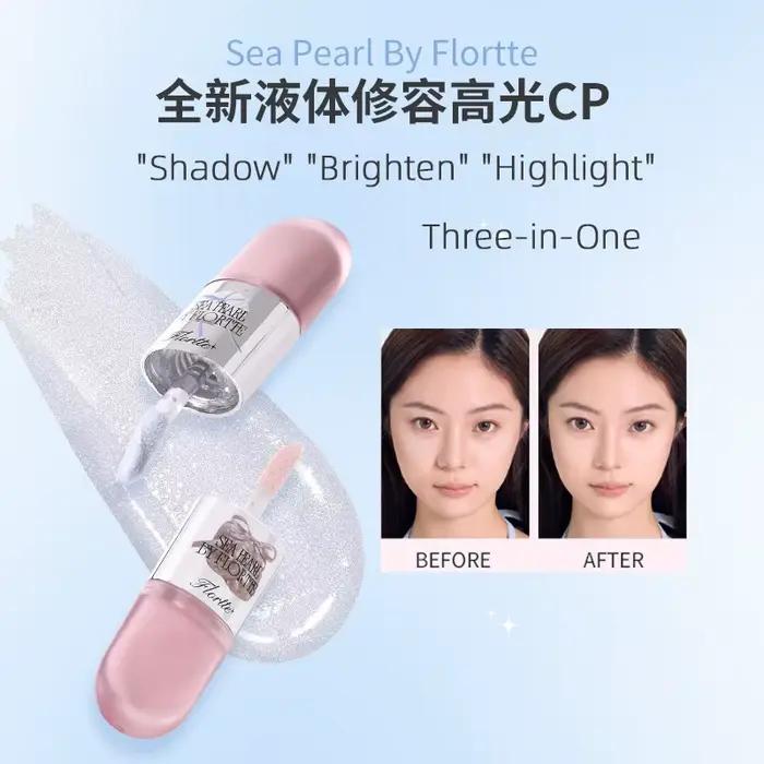 FLORTTE Enlumineur Liquide Nacré Double Embout 3-en-1 pour Contouring