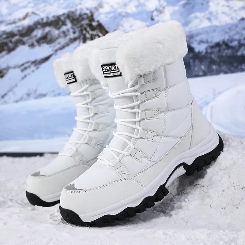 Bottes de neige mi-mollet doublées en fourrure crème pour femmes, antidérapantes, résistantes à l'us