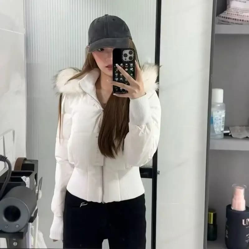 Manteau en coton à capuche avec col en fourrure rose, coupe courte, épaissi et chaud, nouveau style
