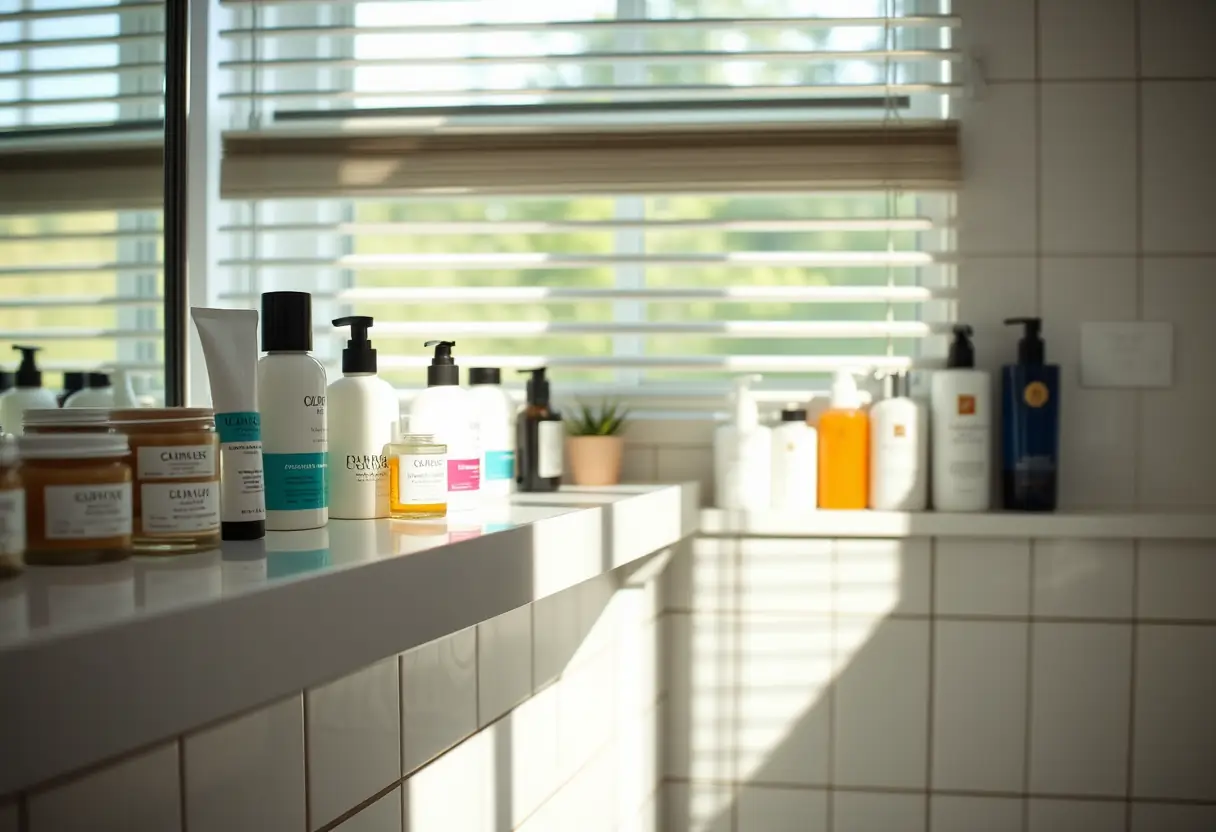 Étagère de salle de bain avec divers pots de crèmes hydratantes